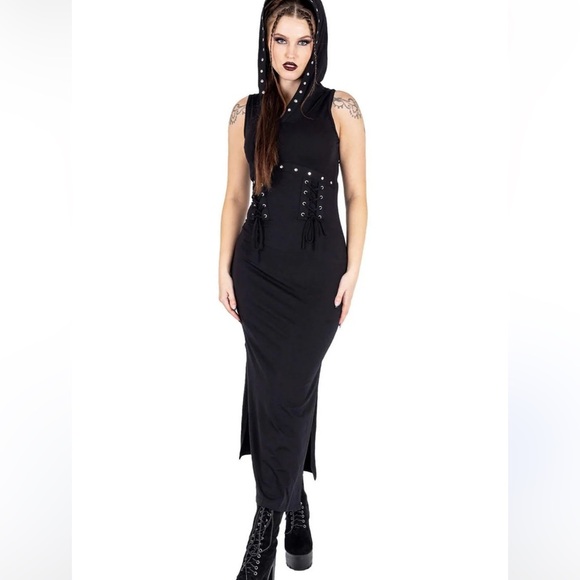 Vixxsin Black Cora Hooded Lace Up Goth Studded Sleeveless Midi Dress - Picture 2 of 7